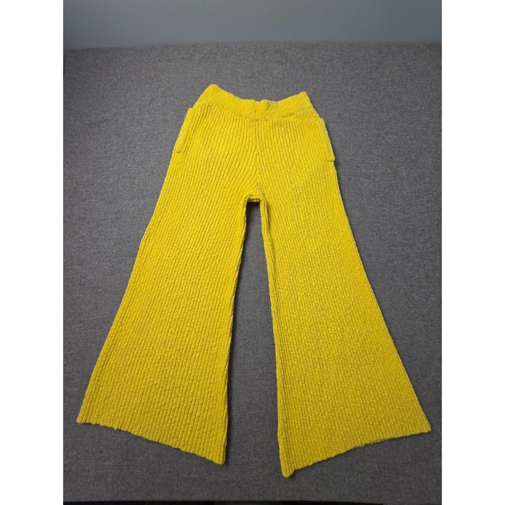 Free People FP Beach Knit Pants Women XS Yellow Flared Leg Elastic Waist Pull On